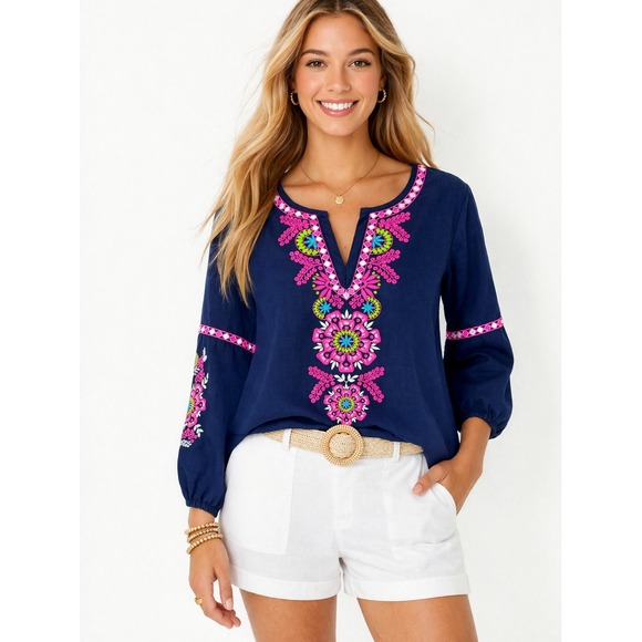 Lilly Pulitzer Tops - Lilly Pulitzer Coretta Embroidered Tunic Top Blue Pink Long Sleeve Women's XL